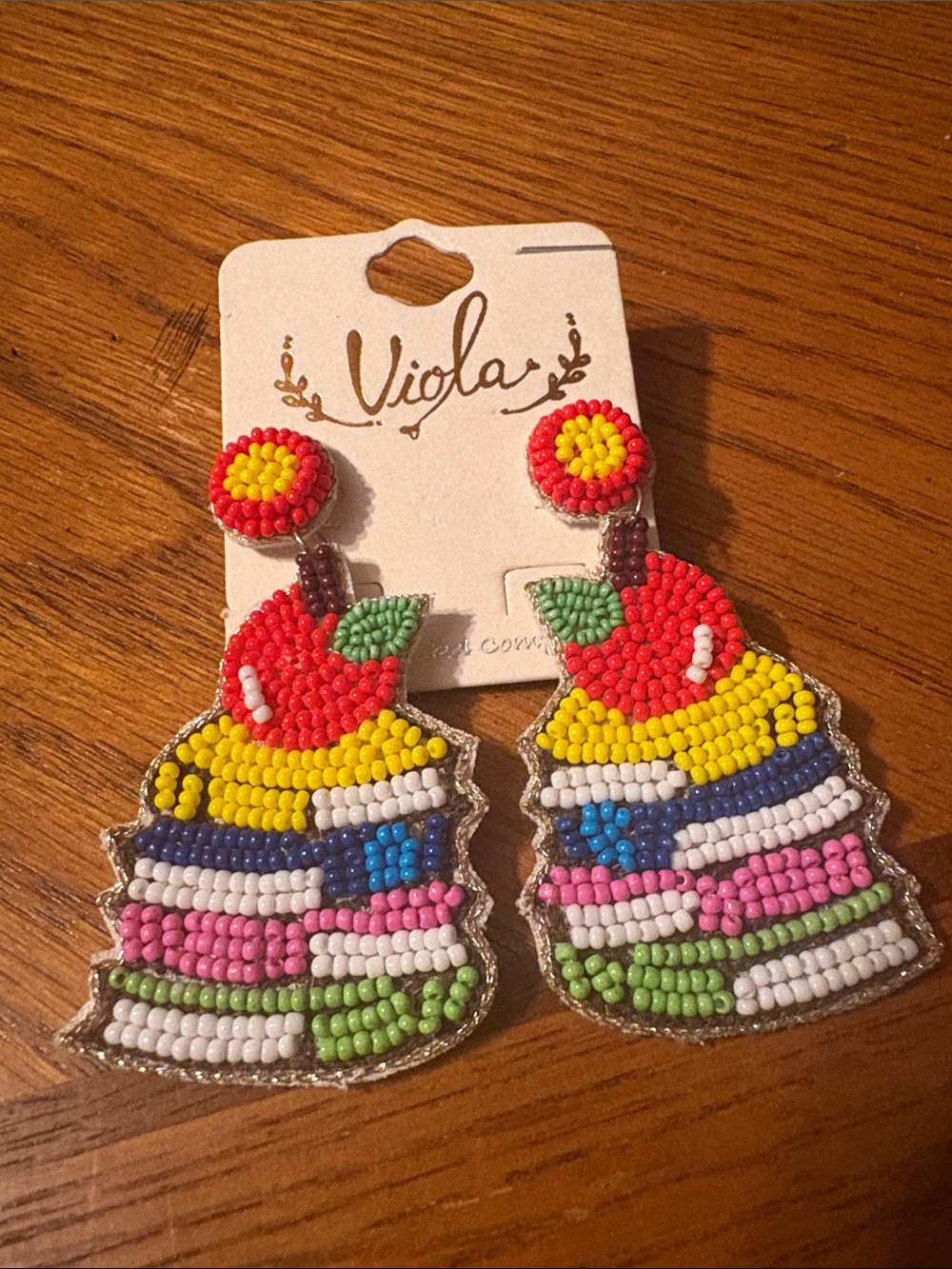 Teacher stack of books Multicolor Beaded Apple Layer Earrings